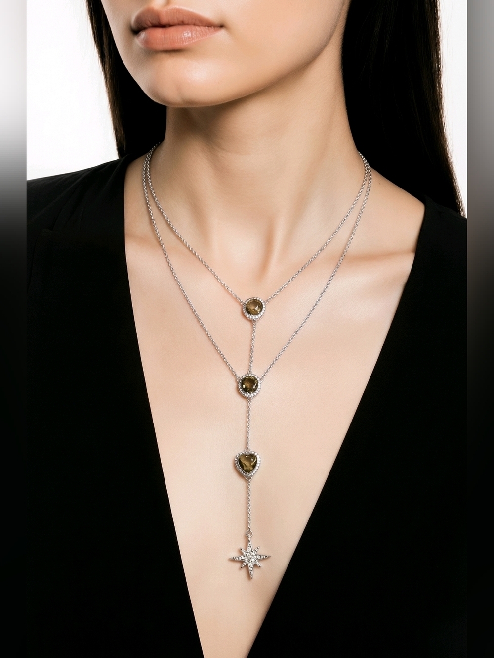 NWT jasper & jade For Nadine West Silver 2 Strand Gemstone Star Necklace